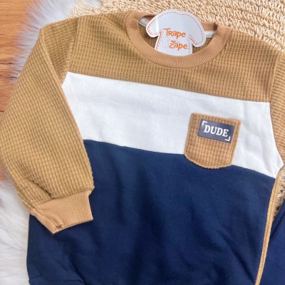 Conj. Casaco Dude com Bolsinho e Calça de Moletom - Marinho e Caramelo